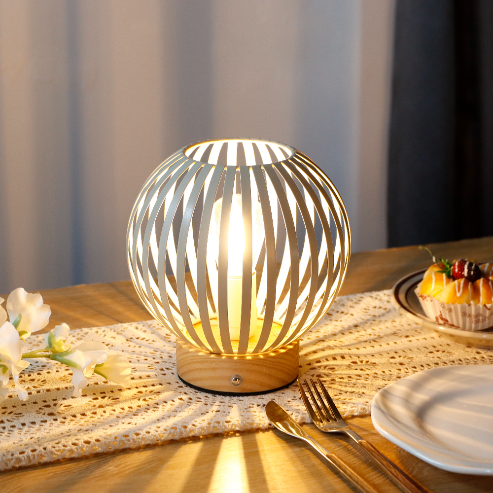 Metal Cage Table Rechargeable Lamp Wooden Base