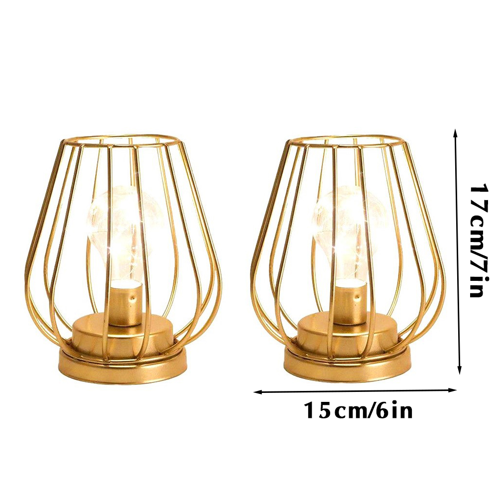 Set of Two Metal Battery Operated Lamp 7'' Tall Mini Cage Shape Cordless Table Lamp Battery Lanterns with Warm Fairy Lights Bulb for Patio Garden