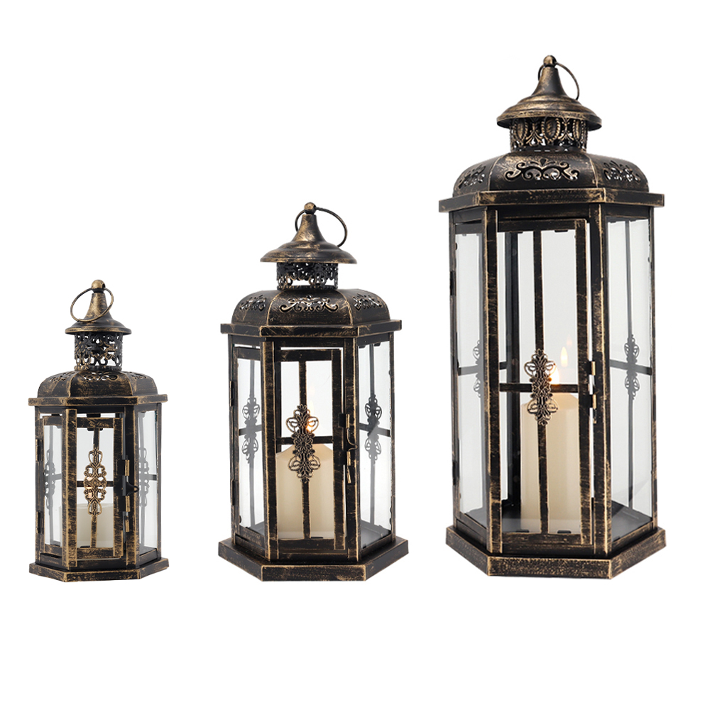 Set of three black brush gold candle lantern metal vintage hollow hanging lantern for outdoor garden decor