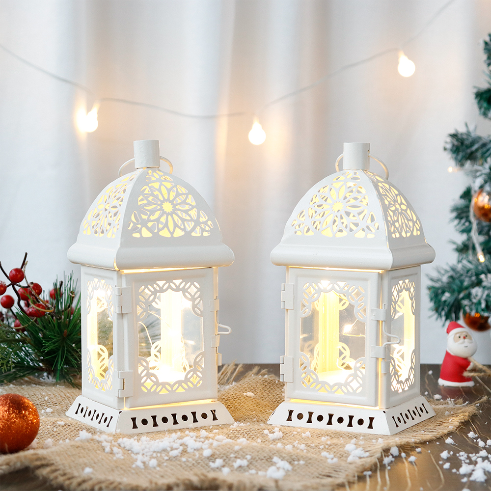 Vintage Decorative Lanterns Set of 2-7.5''H Battery-Operated Metal Hanging Lanterns with Fairy String Lights for Indoor & Outdoor Home Decor