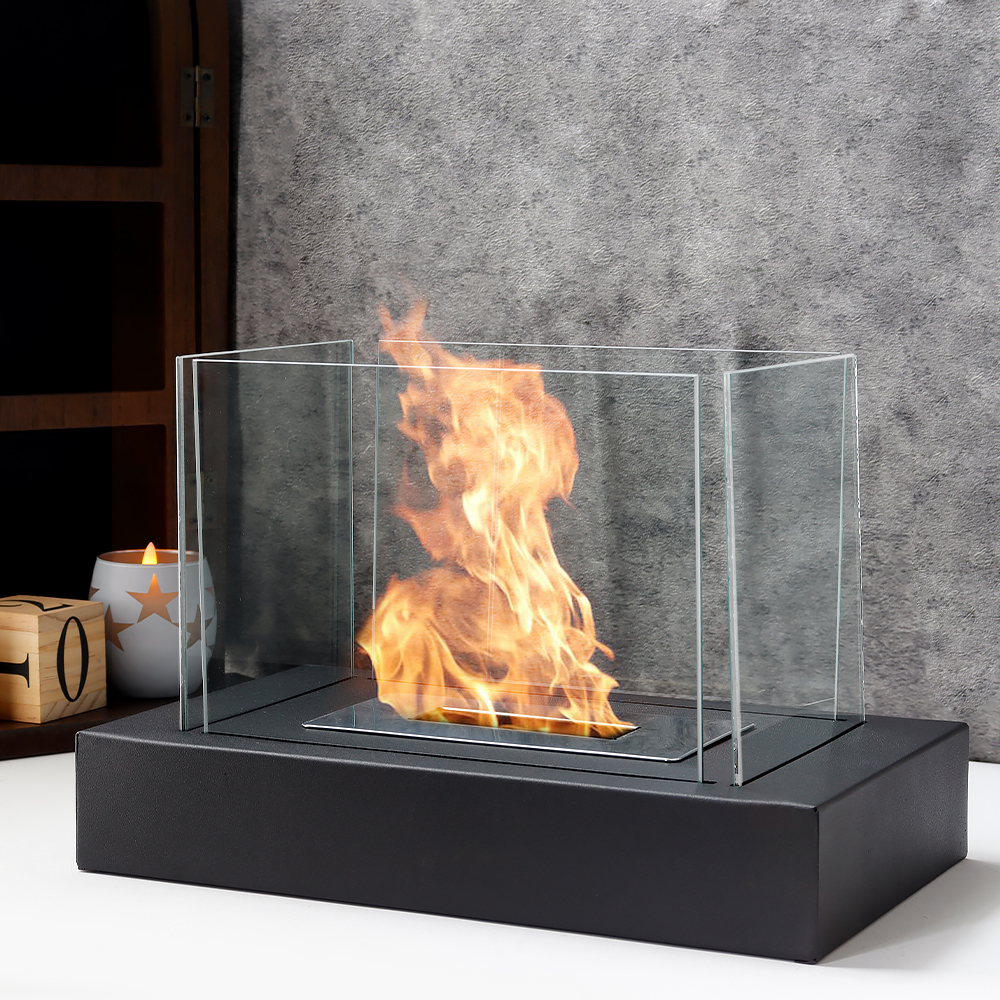 Rectangular Tabletop Fire Bowl Pot with Four-sided Glass 35cmL Portable Tabletop Fireplace–Clean-Burning Bio Ethanol Ventless Fireplace for Indoor Outdoor Patio Parties Events