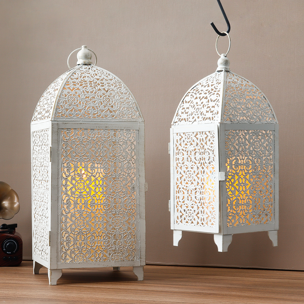 Large Decorative Candle Lantern Set-16.5''&12'' High Metal Temple Moroccan Lantern Lamp for Ramadan Decorations