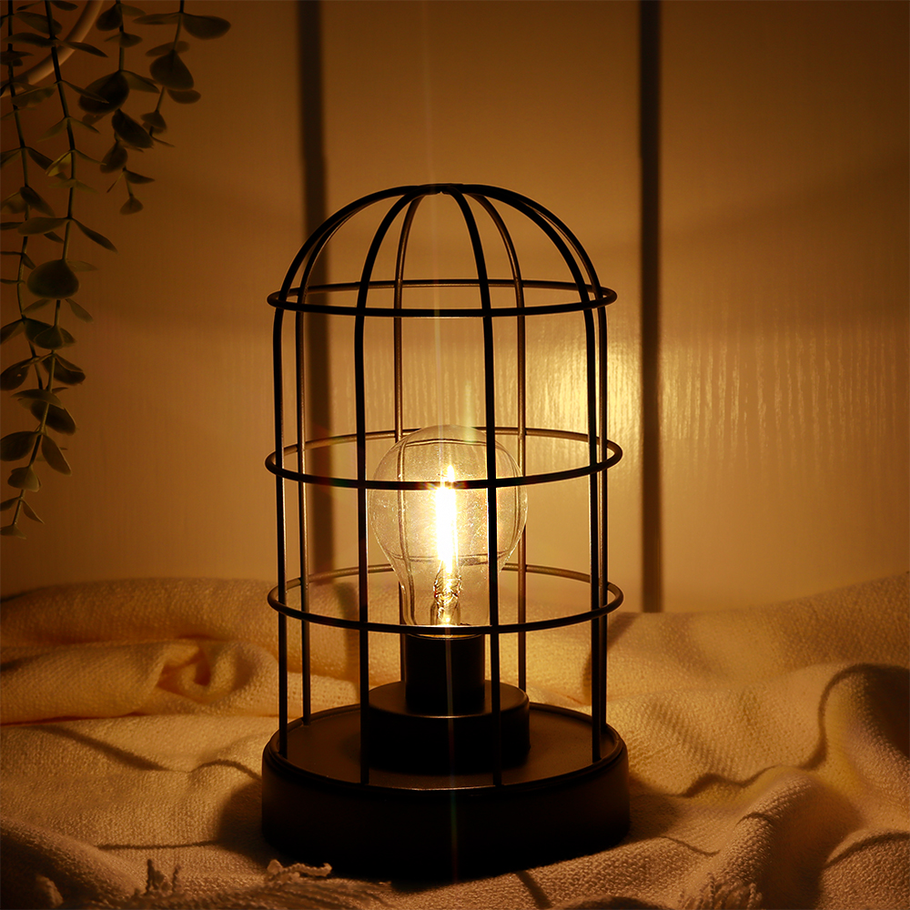 Metal Cage Cordless Lamps with LED Bulb for Home Decor