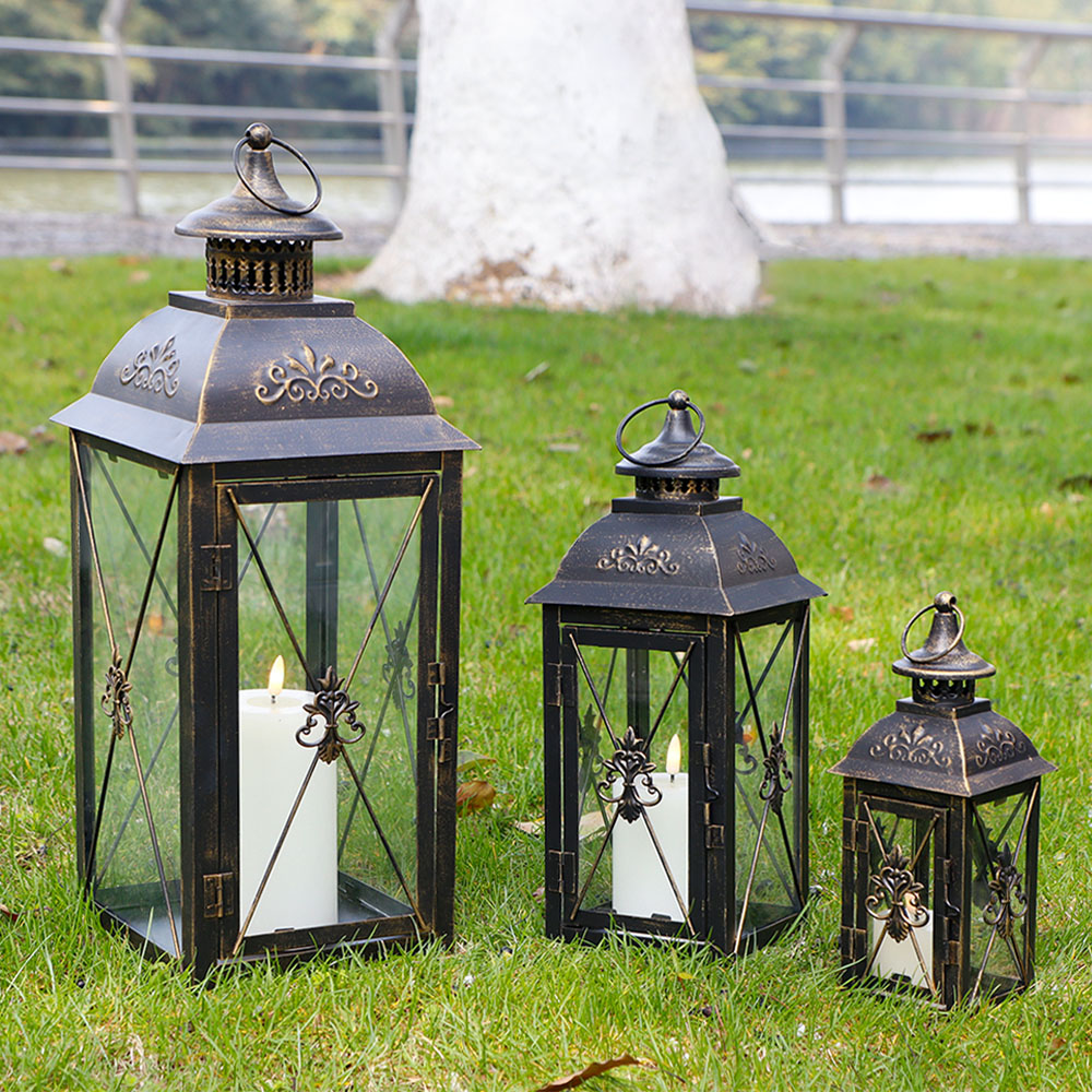 Set of 3 Decorative Hanging Lantern 49/34/24cm High Vintage Metal Candle Holder with Clear Glass