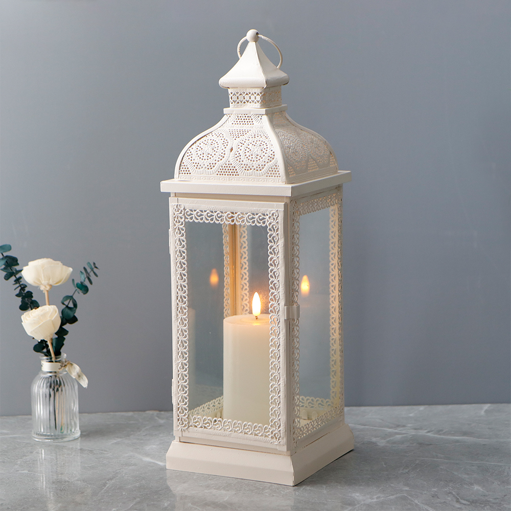 Rustic Style Metal Candle Lantern 19'' High Decorative Hanging Lantern Candle Holder with Tempered Glass