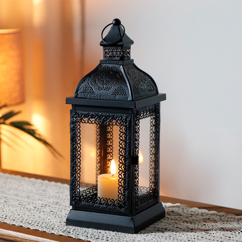 Rustic Style Metal Candle Lantern 13'' High Decorative Outdoor Lantern Candle Holder with Tempered Glass 