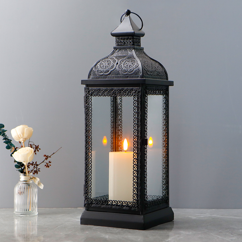 Black Rustic Style Metal Candle Lantern 19'' High Decorative Hanging Lantern Candle Holder with Tempered Glass 