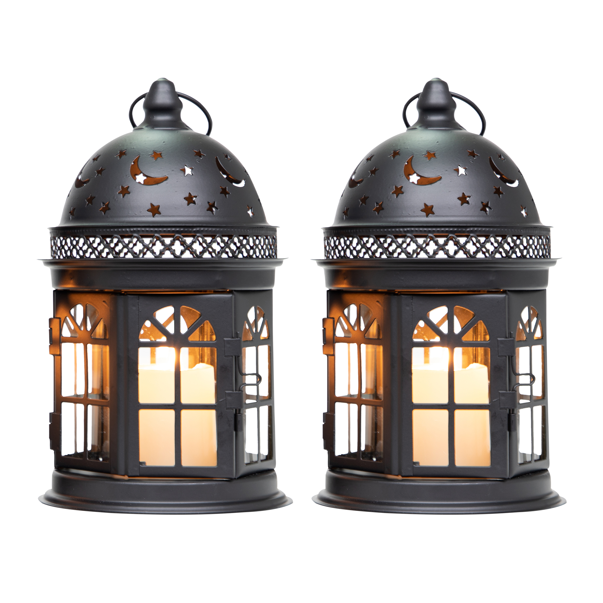 Set of 2 Decorative Lanterns-8.5inch High Vintage Style Hanging Lantern Metal Candle Holder for Indoor Outdoor Events