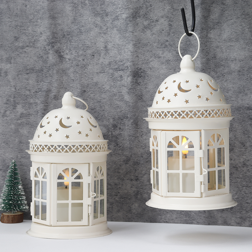 Set of 2 Decorative Lanterns-8.5 inch High Vintage Style Hanging Lantern Metal Candle Holder for Indoor Outdoor Events